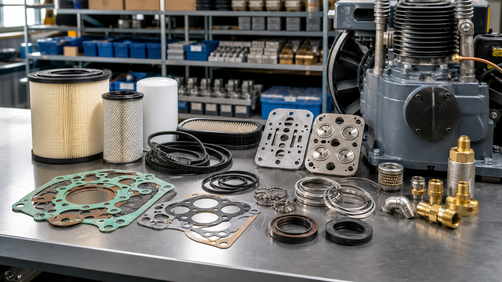 Industrial air compressor parts arranged on a workbench